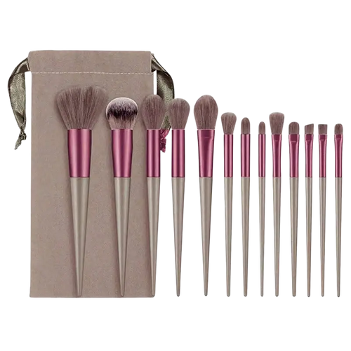 Set of 12 professional makeup brushes with rose gold and silver handles and soft bristles in taupe velvet pouch