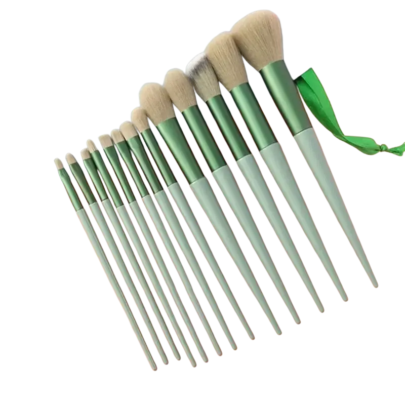 Set of 12 green and mint professional makeup brushes with soft natural bristles included in 13-piece set with pouch