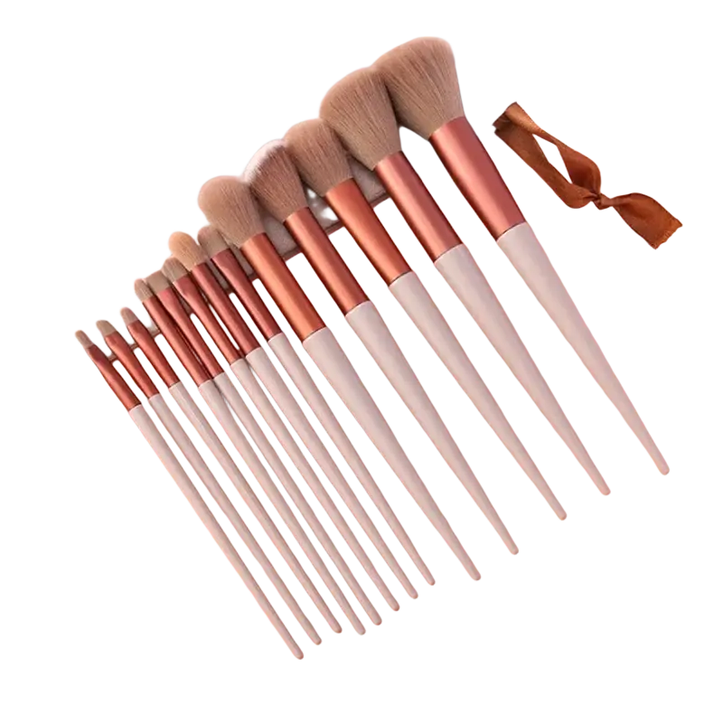A 13-piece professional makeup brush set with rose gold and white handles and soft synthetic bristles in varying sizes