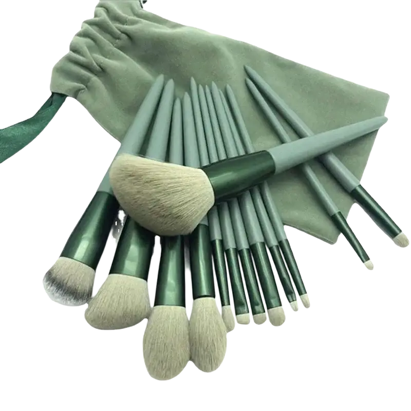 Set of 15 professional makeup brushes with green and gray handles and beige bristles in a sage-green velvet pouch