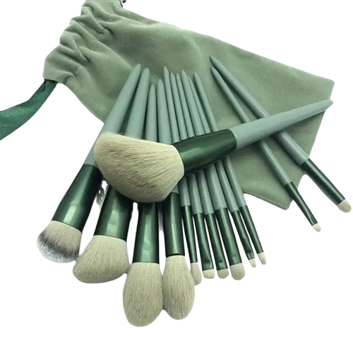 Set of 15 professional makeup brushes with green and gray handles and beige bristles in a sage-green velvet pouch