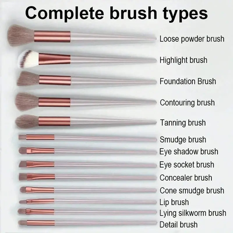 Set of ten makeup brushes with rose gold ferrules and clear handles for varied cosmetic applications in a 13-piece set