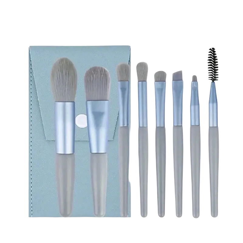 Set of seven light blue and gray soft bristle makeup brushes with matching pastel blue case from 13 piece professional set