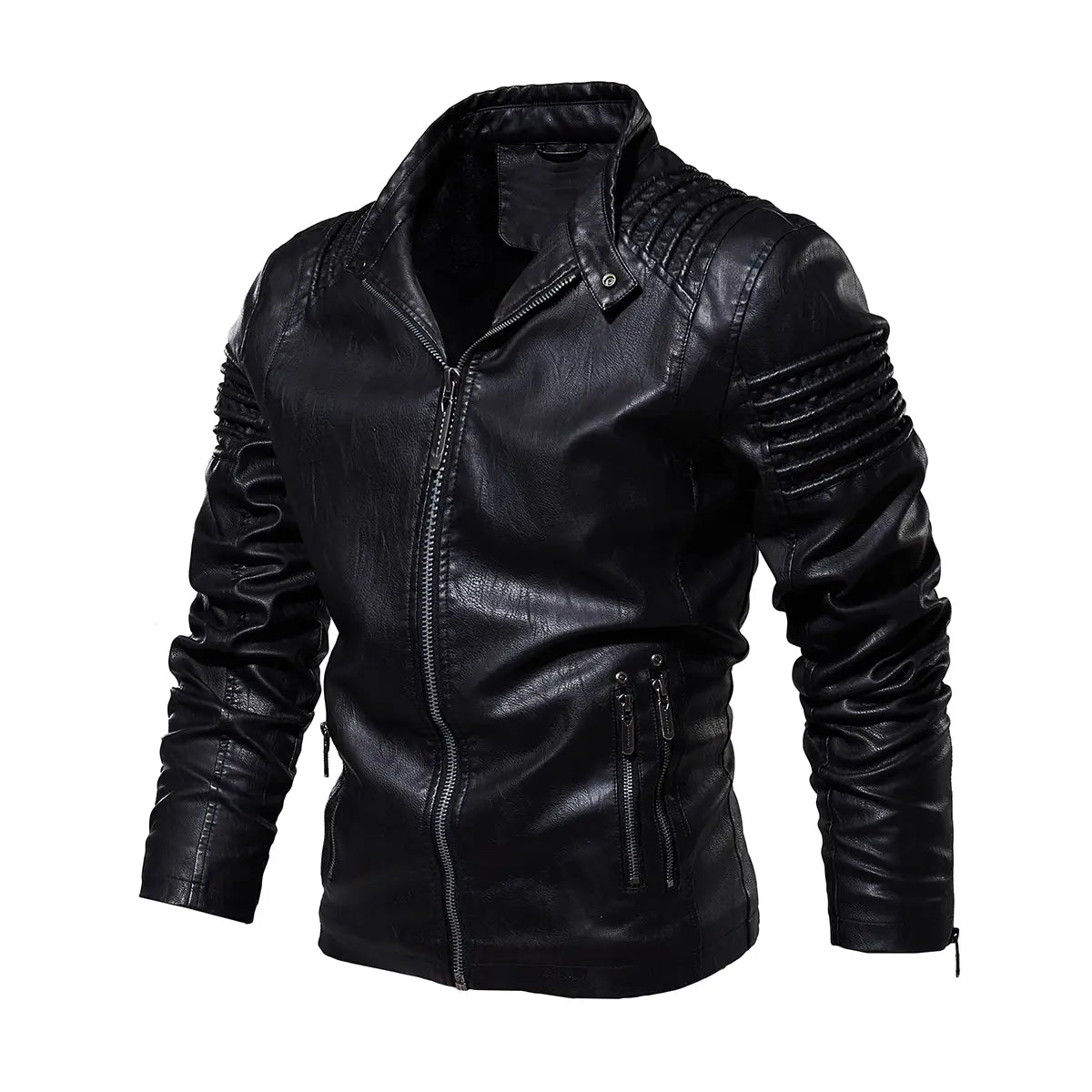 Black faux leather biker jacket with ribbed detailing on the shoulders and sleeves shown from the back side.
