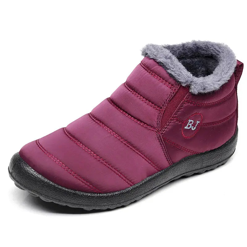 Men snow boots lightweight waterproof winter shoes featuring a maroon quilted design with gray faux fur lining and black rubber sole.