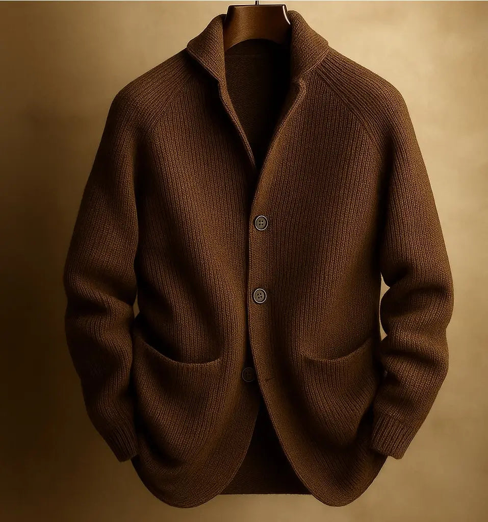 Ein edelbrauner gerippter Strick-Cardigan für Herren mit klassischem Kragen und drei dunklen Knöpfen, entworfen als Casual-Pocket-Button-Jacket.