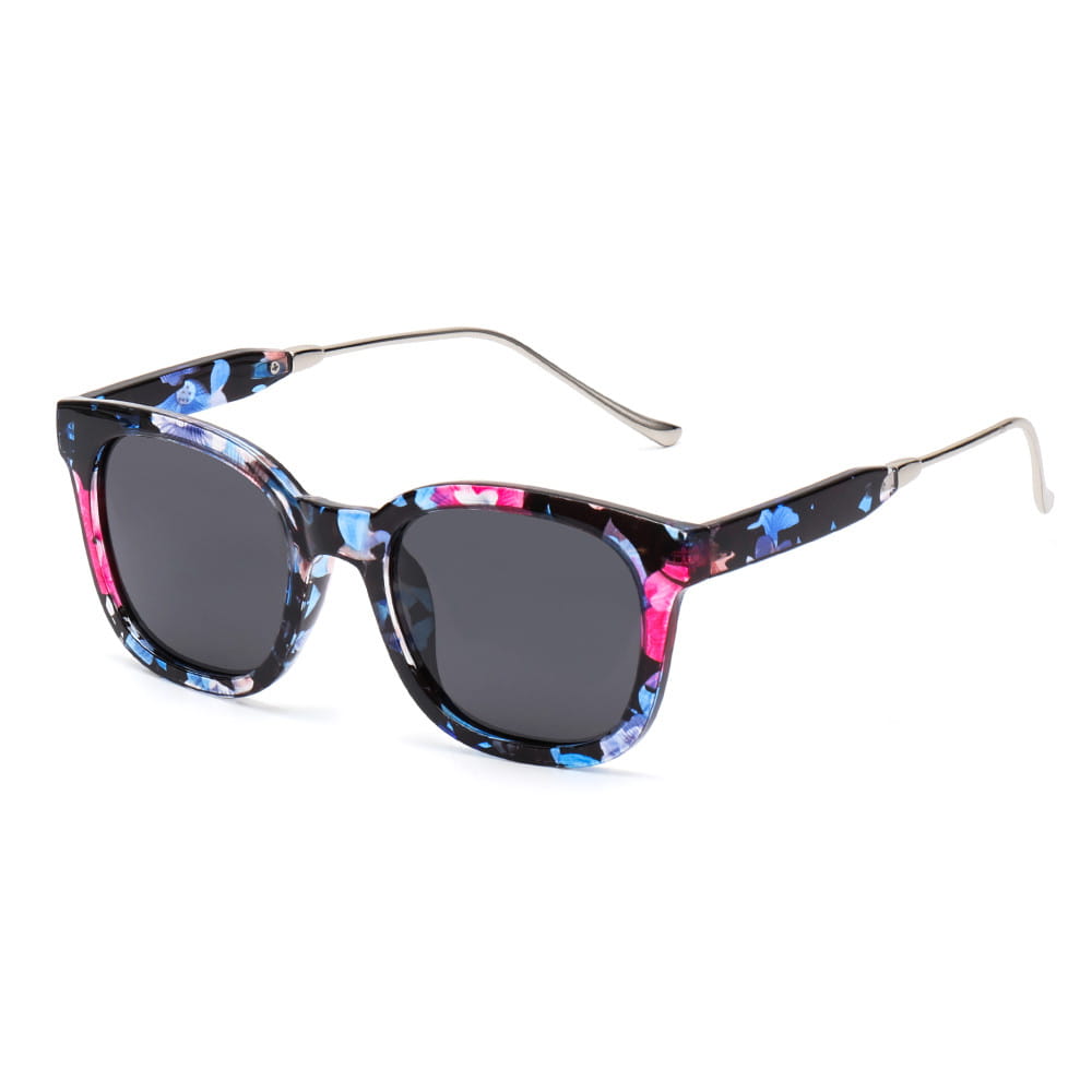 Lunettes de soleil carrées polarisées pour femme en écaille de tortue, à la mode, avec monture noire présentant des motifs floraux vifs rose et bleu, des verres gris foncé et des branches métalliques argentées.