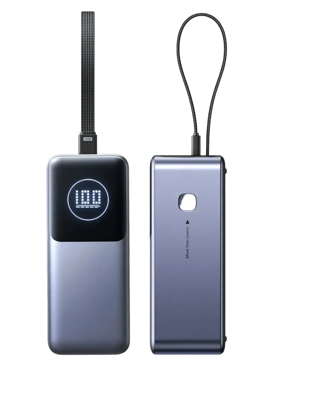 A sleek matte gray and black 130w fast charging power bank 20000mah with digital display and more than power button on back