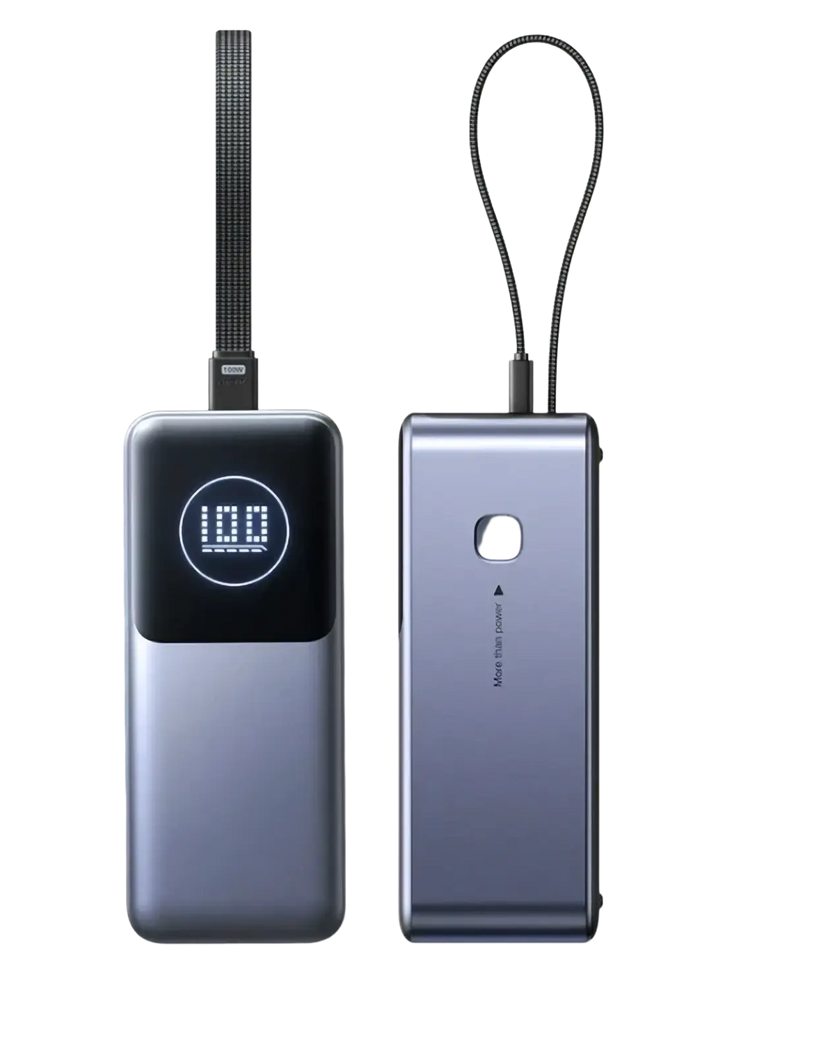 A sleek matte gray and black 130w fast charging power bank 20000mah with digital display and more than power button on back