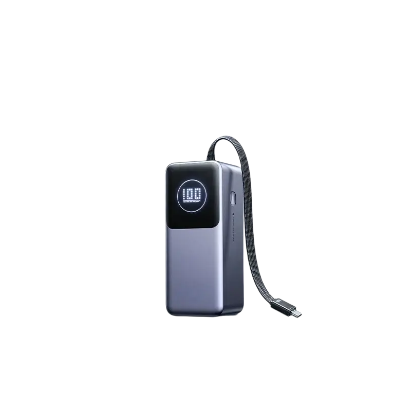 A sleek dark gray 130w fast charging power bank 20000mah with tft screen digital display and usb-c cable attached 5v⎓3a 9v⎓3a