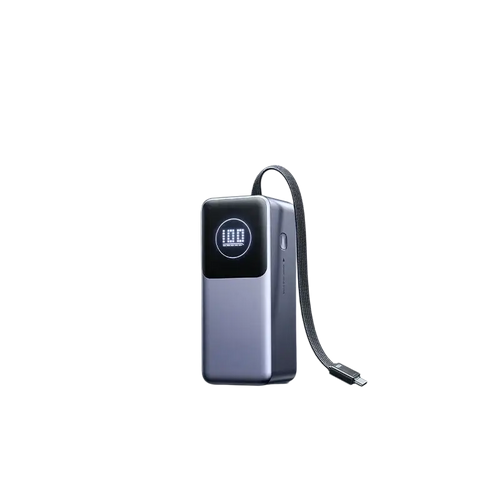 A sleek dark gray 130w fast charging power bank 20000mah with tft screen digital display and usb-c cable attached 5v⎓3a 9v⎓3a
