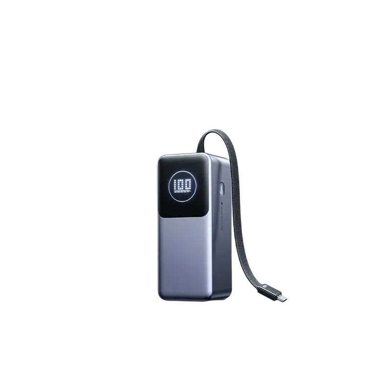 A sleek dark gray 130w fast charging power bank 20000mah with tft screen digital display and integrated usb-c cable