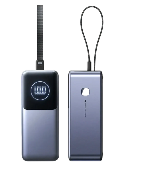 A sleek matte gray and black 130w fast charging power bank 20000mah with tft screen and digital display 5v⎓3a 9v⎓3a