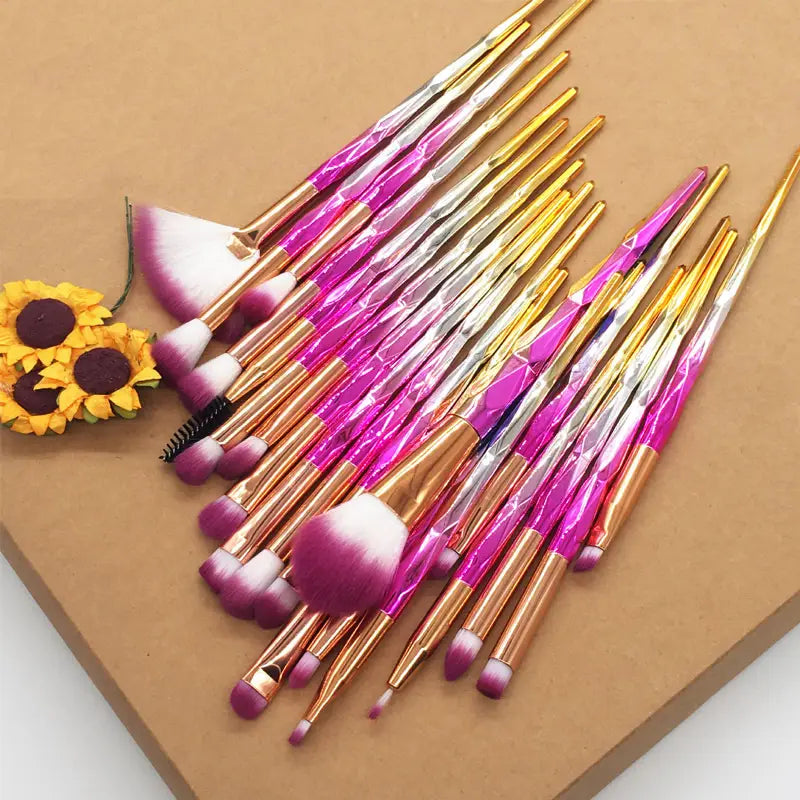 Set of 20 vibrant pink and gold gradient makeup brushes with assorted bristle sizes from the makeup brush set 20 piece rose gold and glitter collection.