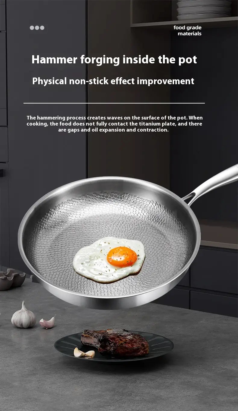 Silver titanium hammered non-stick frying pan with wave-patterned surface and sleek handle shown from the front with lid.