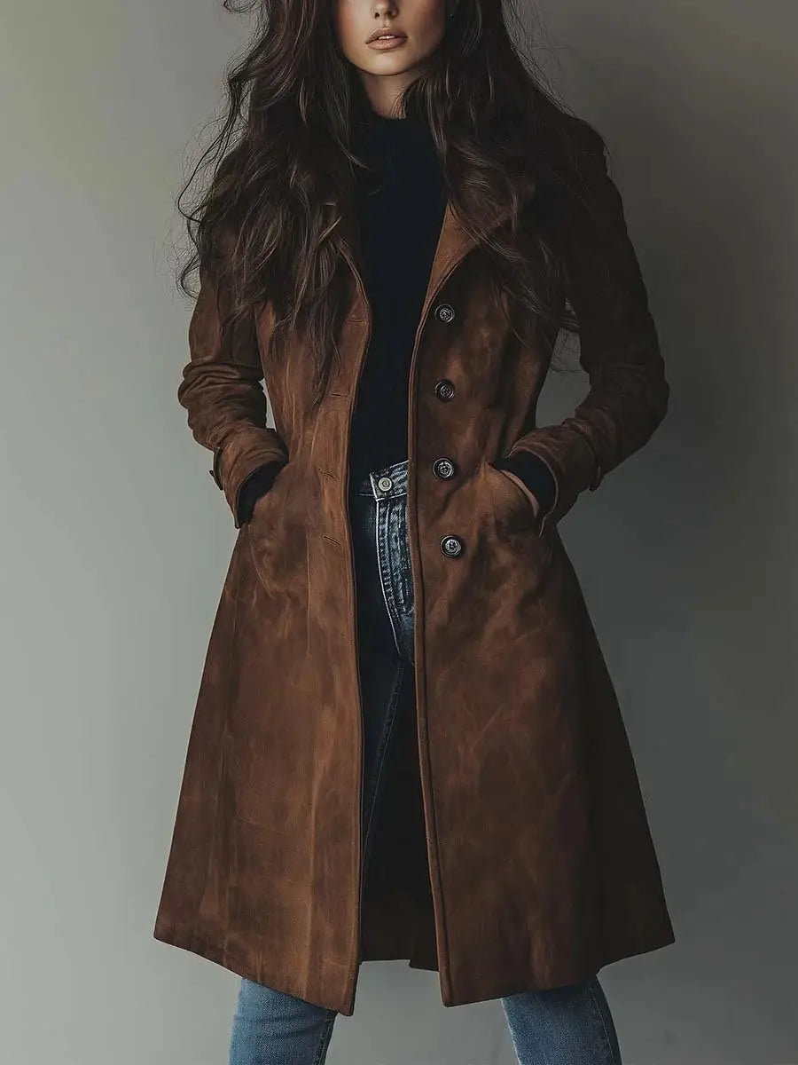 Manteau long en trench-coat western pour femmes en daim marron riche, avec un design classique double boutonnage et des boutons métalliques foncés.