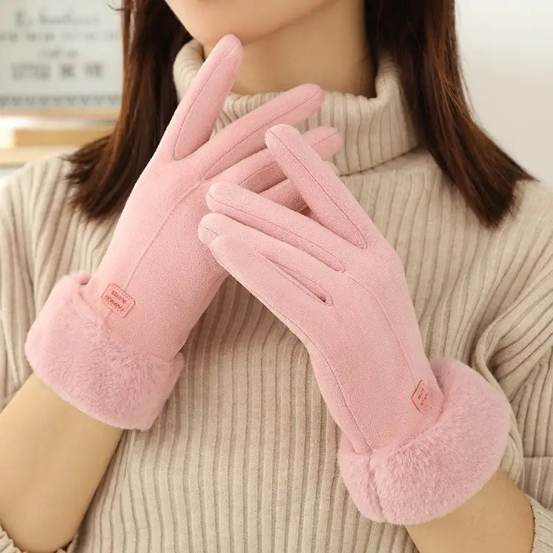 women’s thermal suede touchscreen gloves in pink with faux fur lining, soft suede exterior, and ribbed cuffs shown from the back side