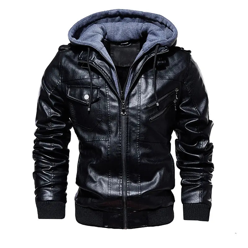 Men’s black pu leather hooded jacket with contrasting gray fleece-lined interior and ribbed cuffs.