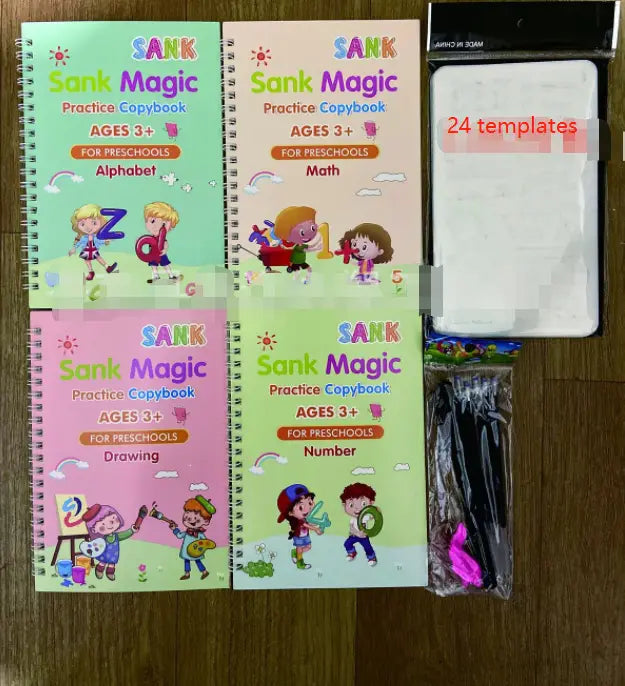 Set of four colorful sank magic practice copybooks for kids preschoolers with spiral bindings featuring alphabet, math, drawing, and number activities for ages 3 and up.