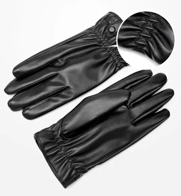 Mens black leather winter gloves with a sleek smooth finish and elasticated cuffs shown from the back side designed for warmth and style.