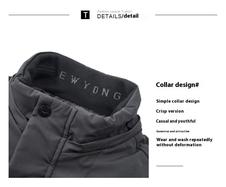 Abrigo de invierno acolchado con capucha para hombre con una camiseta rectangular de algodón acolchada en gris oscuro, con un diseño de cuello sencillo y bordado «ewyong» en el interior.