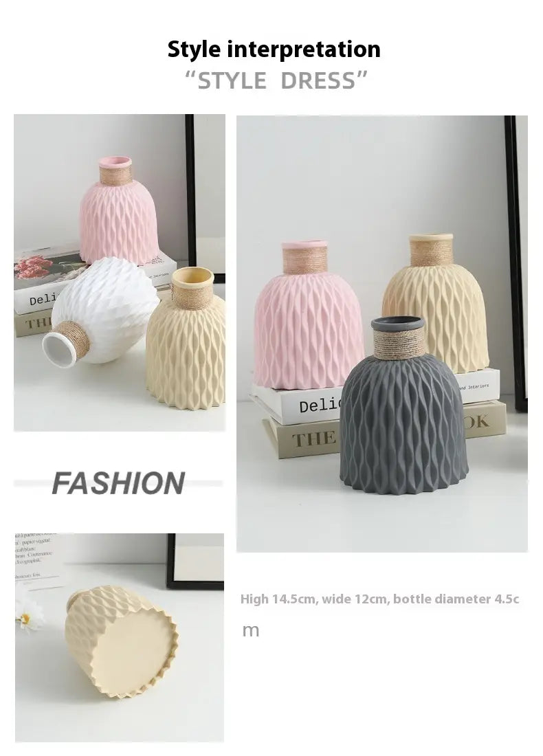 Ceramic vase set with twine and wavy texture featuring pink beige and gray ceramic vases with textured diamond-patterned bodies and woven rope necks.