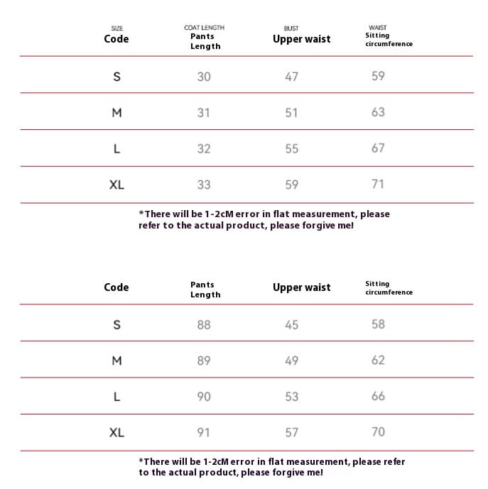 Size chart for pink high-waisted fitness leggings showing coat and pants measurements in centimeters for sizes s to xl.