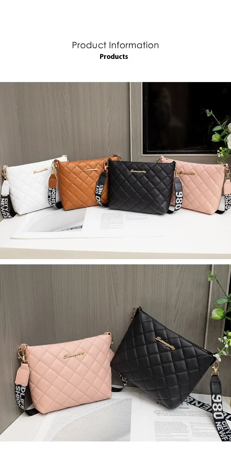 Quilted chain messenger bags in white tan black and pink featuring matching striped crossbody straps with bold 980 lettering.