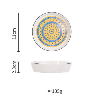 Ceramic floral bone china round serving plate with white base, decorative blue and yellow concentric circular pattern, and a thin silver rim.