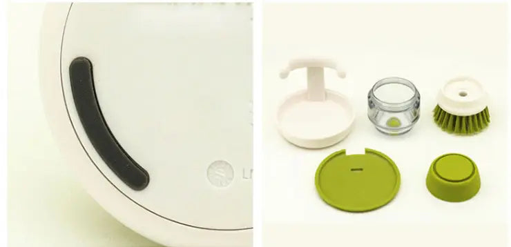 White circular robot vacuum with black handle and green accents featured alongside a soap dispensing dish brush with non slip storage base.