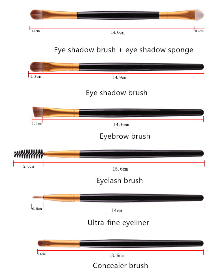 Set of six professional makeup brushes with black handles and gold ferrules including eye shadow sponge brush eyebrow brush eyelash brush ultra-fine eyeliner brush and concealer brush from the 20pc makeup brush set.