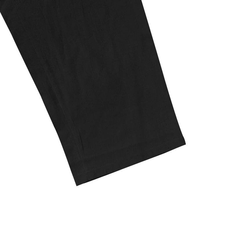 men’s linen joggers casual drawstring pants showing a black fabric pant leg with a smooth matte finish
