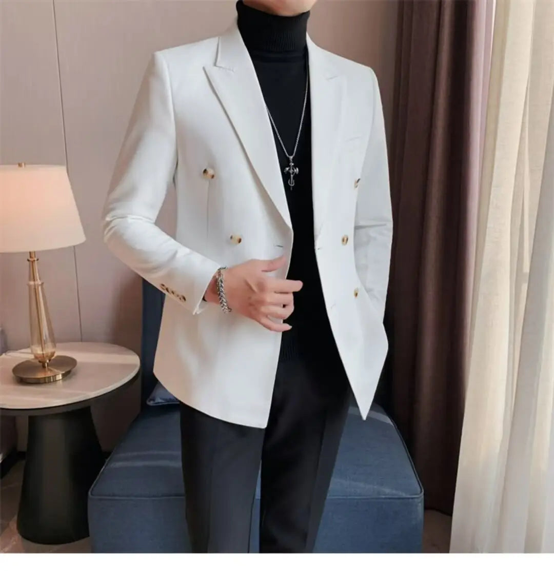 White double-breasted blazer with gold-toned buttons and tailored fit featured alongside teal double-breasted corduroy jacket for men.