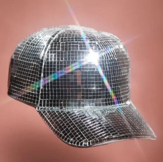A shimmering silver disco ball peaked cap with a reflective mirrored grid pattern designed for party use.