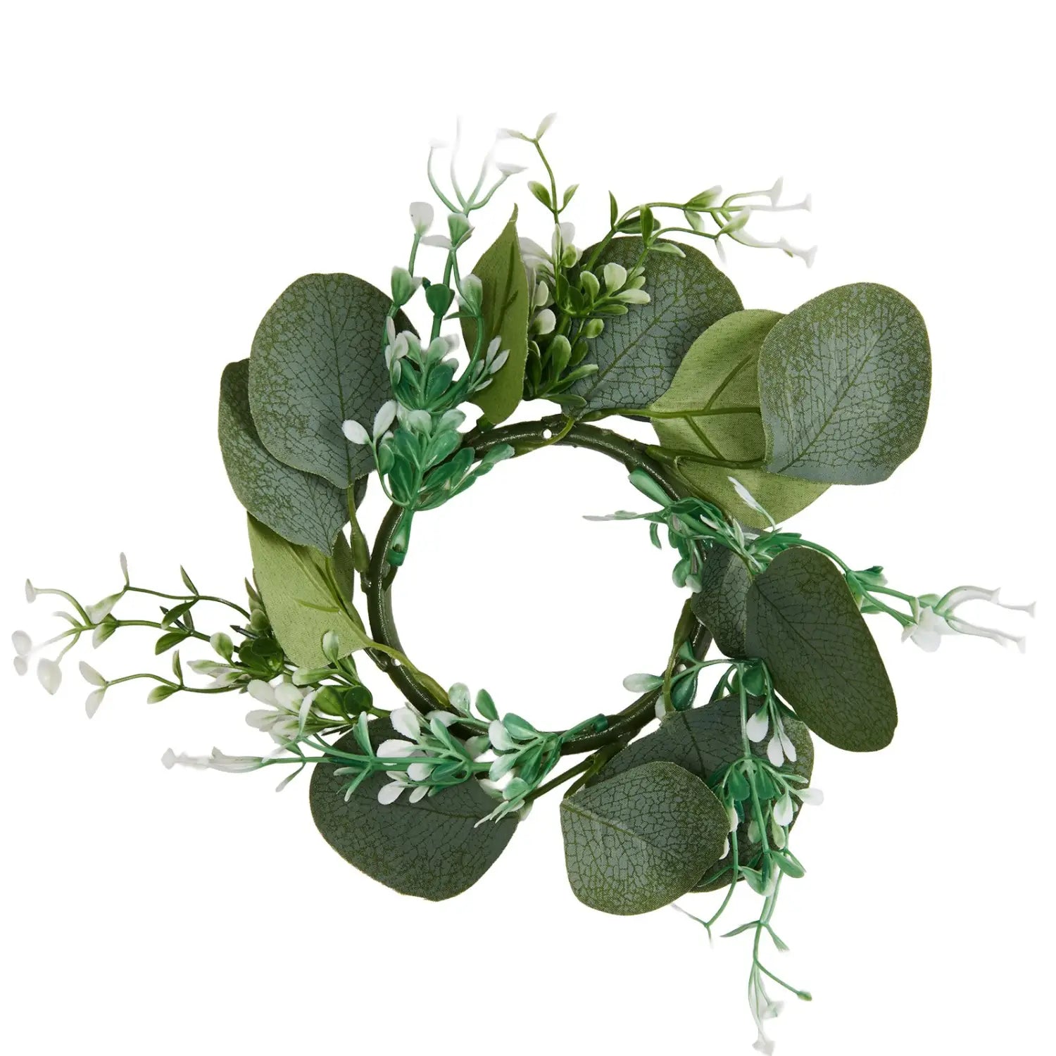 a circular wreath made of artificial green eucalyptus leaves and delicate white flowers featured as part of wooden wedding lantern centerpieces with led candles 12 set