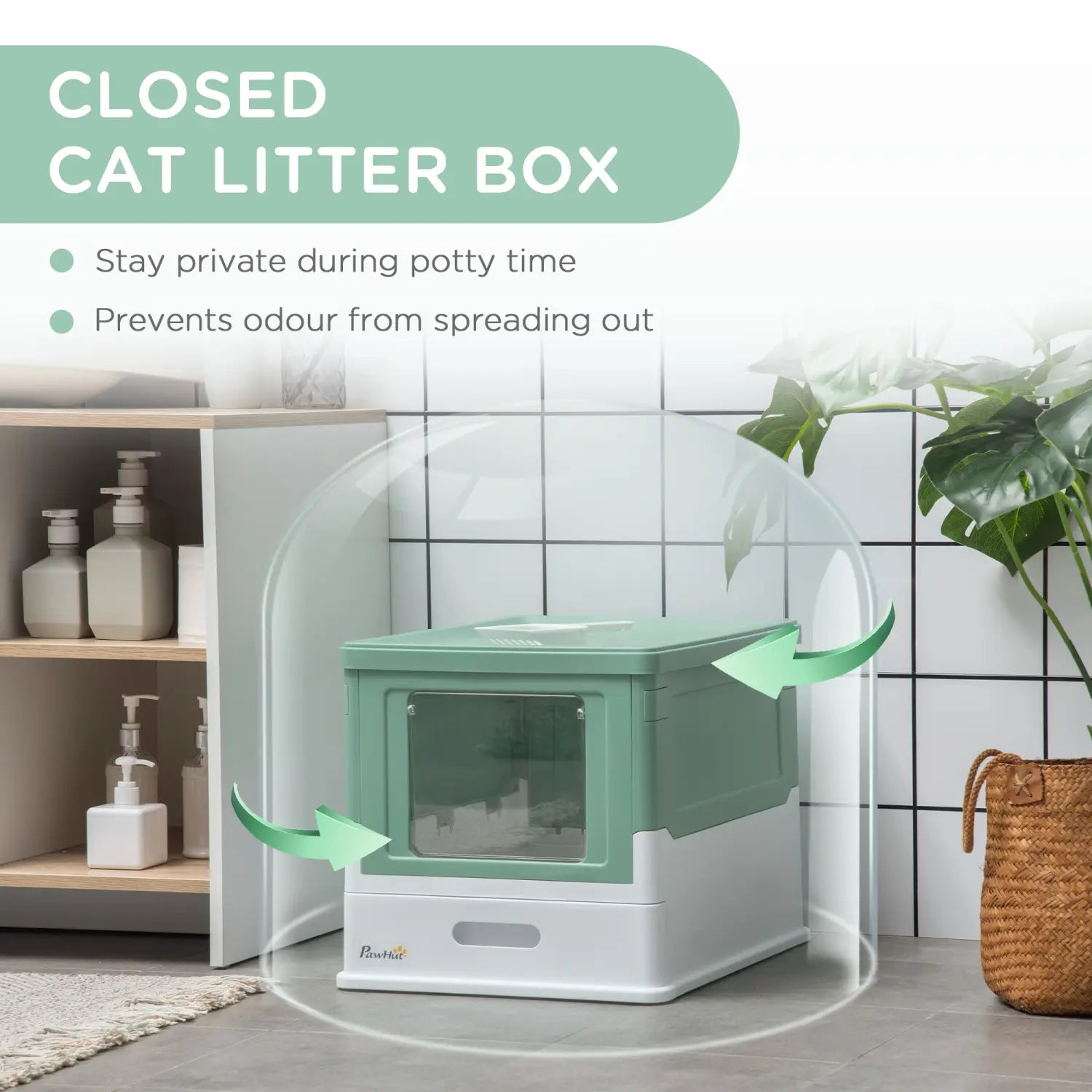 Pawhut-Geschlossene Katzenstreu-Box aus elegantem zweifarbigem Mint- und weißem Kunststoff mit klarem Frontpaneel für die Sichtbarkeit und mit einem Schöpfer.