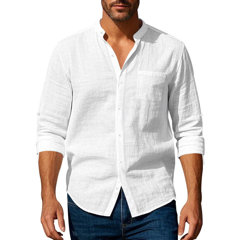 Men’s casual white linen long sleeve button-down shirt with rolled-up sleeves and a chest pocket.