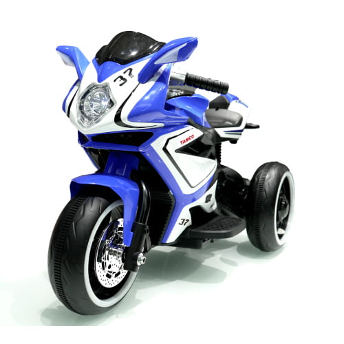 Blue and white 6v kids electric ride on motorcycle with black tires, chrome rims, and 37 racing number design.