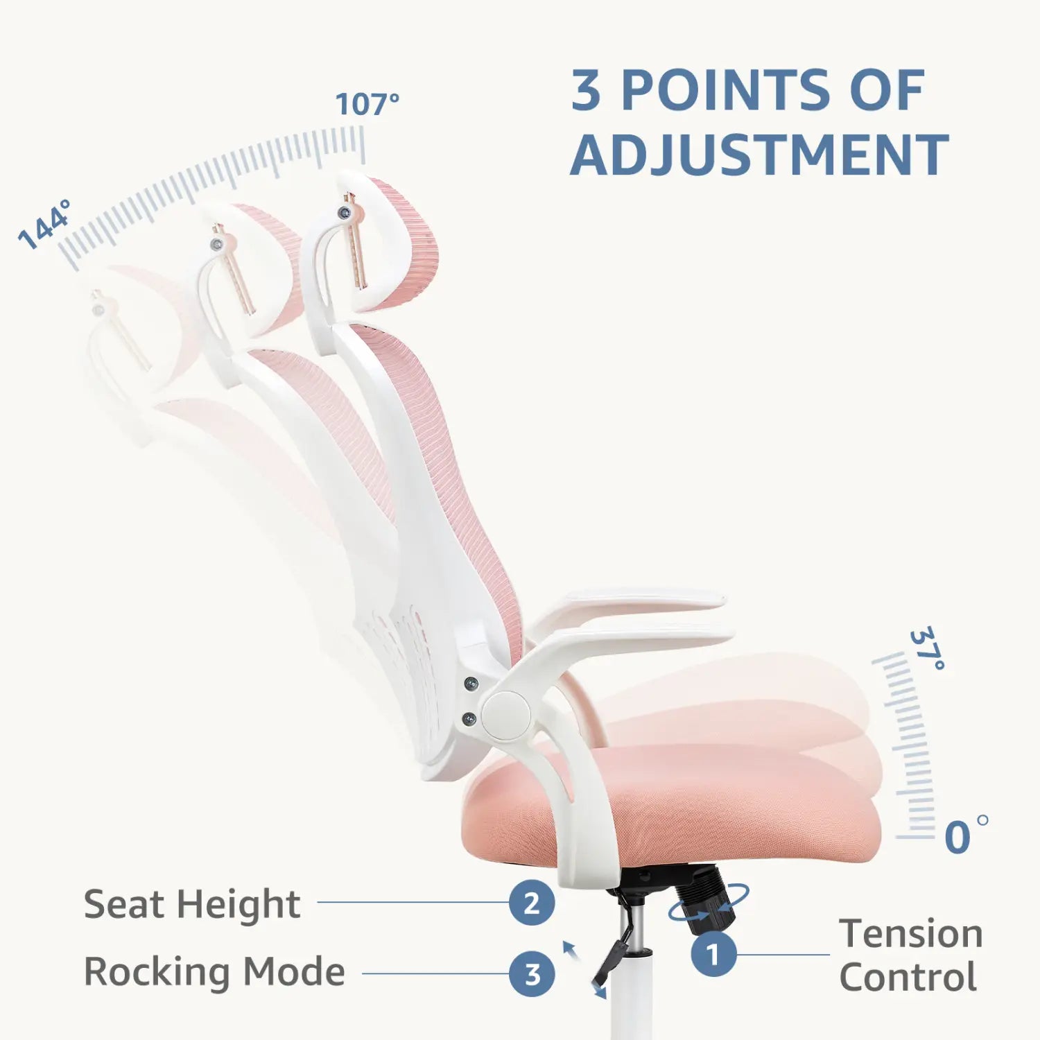 Chaise de bureau ergonomique en maille avec accoudoirs relevables en maille rose et cadre en plastique blanc, offrant des fonctions réglables pour un usage bureautique confortable.