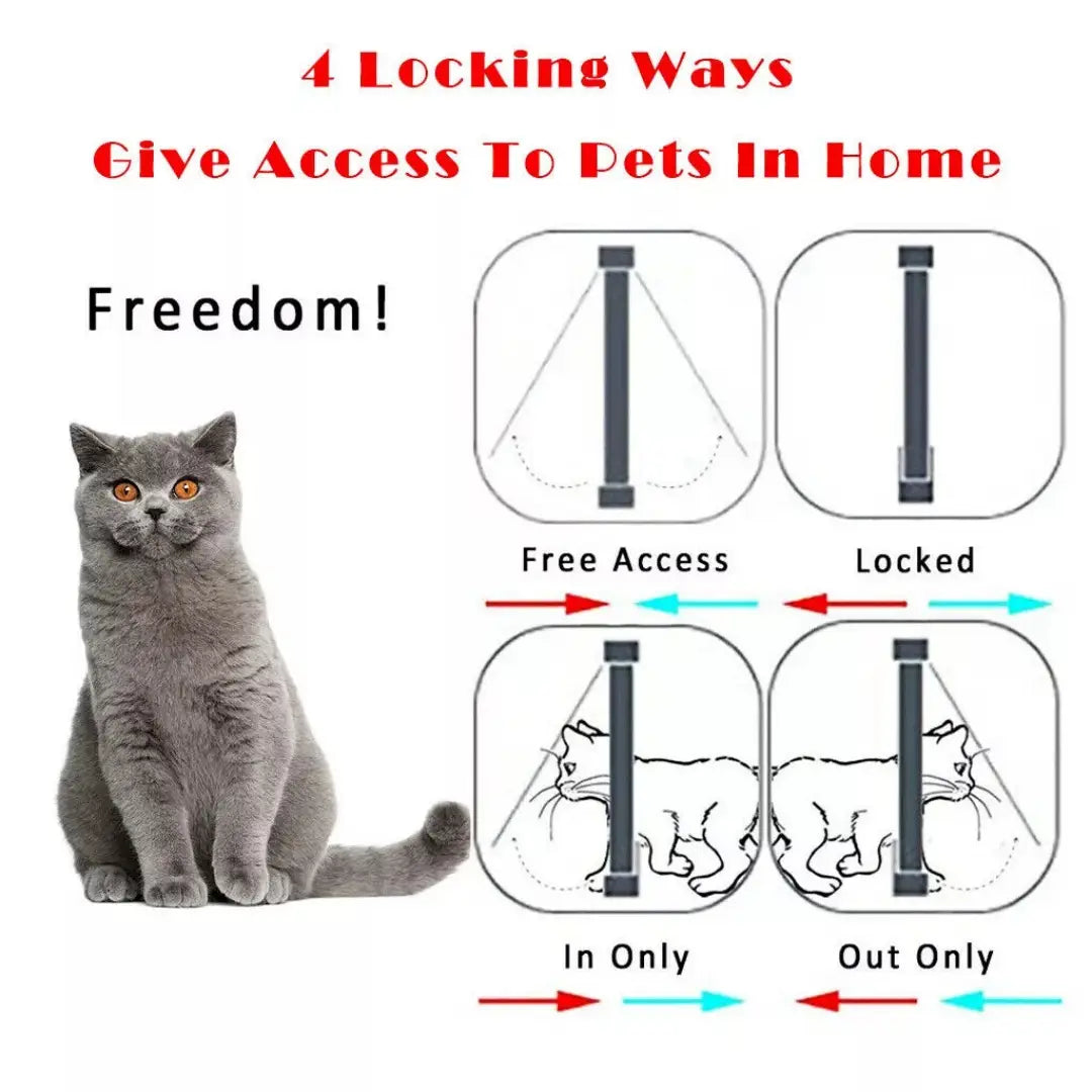 gray british shorthair cat with striking orange eyes sitting attentively next to an xl pet door 4 way locking magnetic dog cat flap in white.