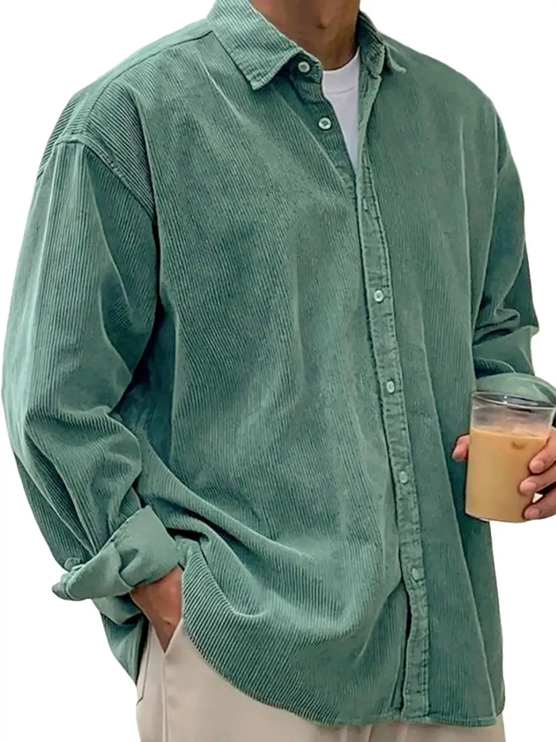 Men’s relaxed fit corduroy shirt jacket in teal featuring a button-up front, classic collar, and long sleeves.