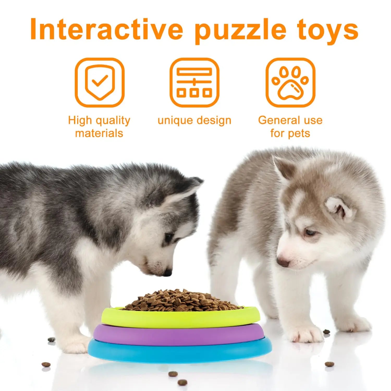 Bol à alimentation lente pour tapis à lécher et puzzle distributeur pour chien 3-en-1 aux couleurs vives, en silicone à étages, avec une couche supérieure vert citron et des couches de base violet et bleu.