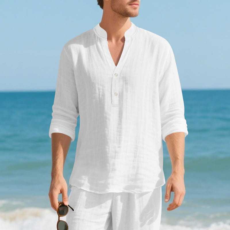 Camisa tipo henley de lino blanca para hombre, de manga larga, pulóver informal, con frente abotonado, mangas arremangadas y cuello en V.