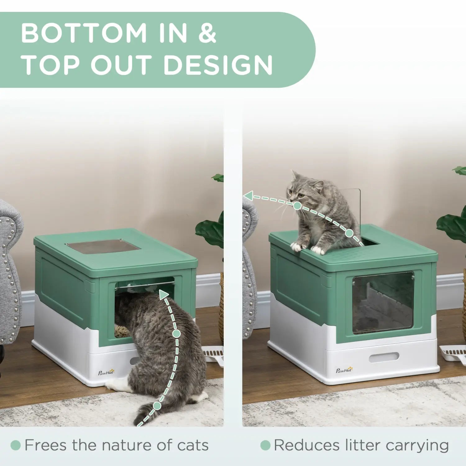 Katzenstreu-Box von Pawhut aus türkisfarbenem und weißem Kunststoff mit klarem Frontfenster und Schöpfer für eine einfache Reinigung.