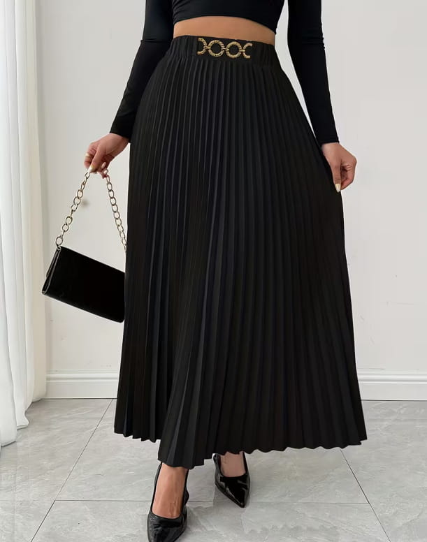 Black pleated midi skirt with gold-toned circular embellished belt high-waisted a-line design.