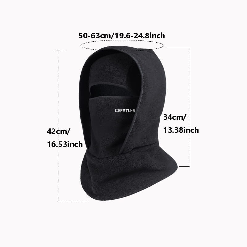 Black fleece balaclava winter hat scarf set with hood and face opening featuring the brand name cefatu-s printed on the front.