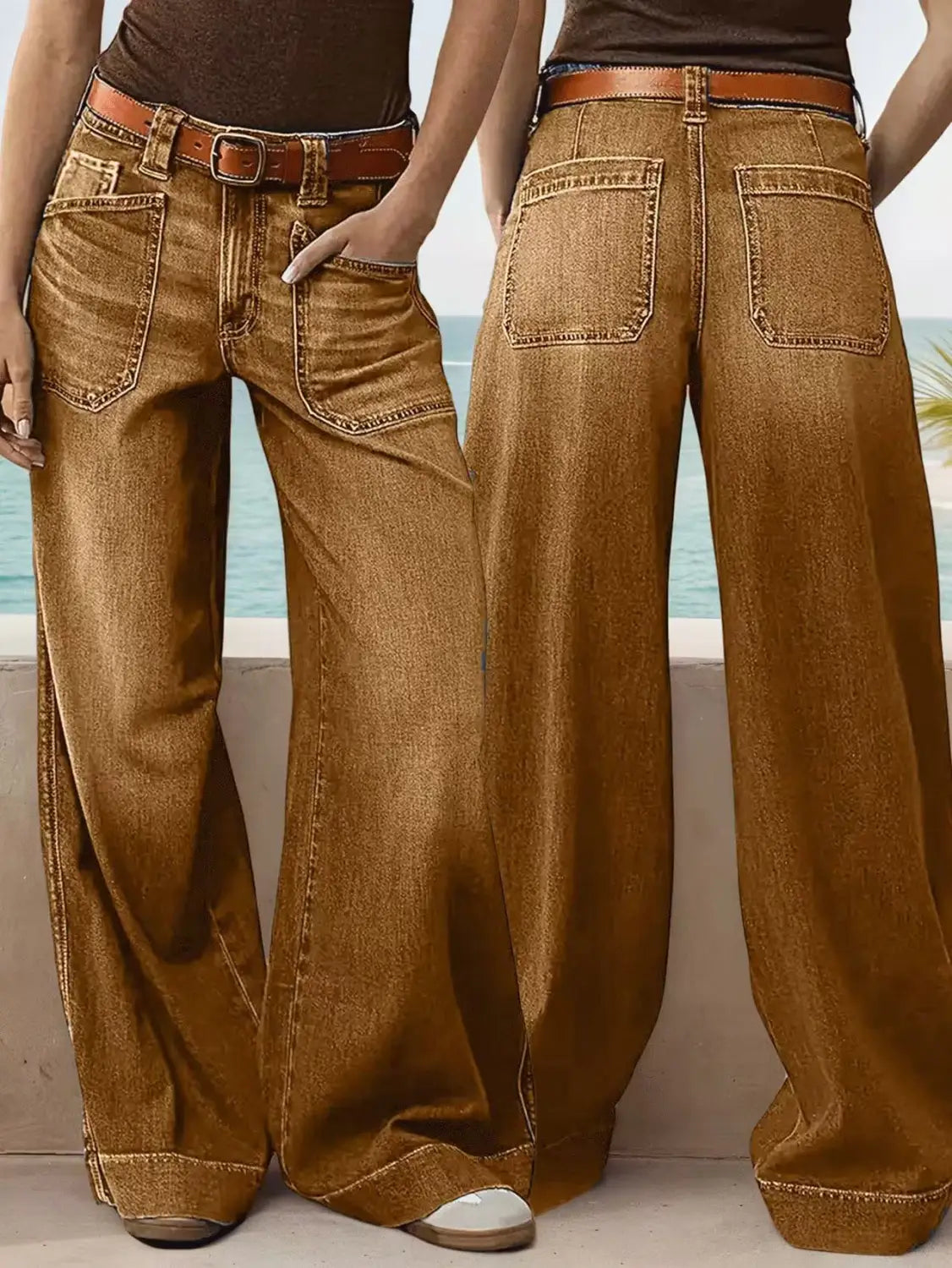 Brown wide-leg denim pants with a classic five-pocket design and matching brown leather belt.