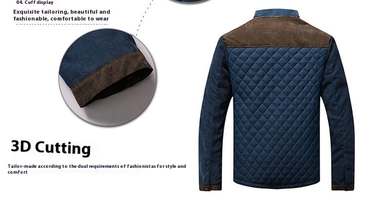 Veste en coton matelassée bleue pour hommes avec col et poignets en daim brun, pour un usage d’habillement extérieur.
