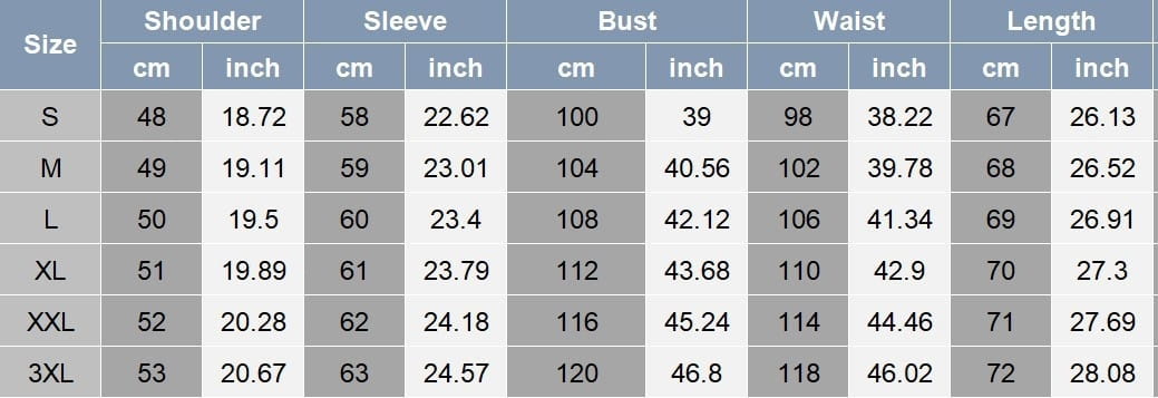 Size chart for a men shearling lined denim jacket showing measurements in centimeters and inches for shoulder, sleeve, bust, waist, and length categories.