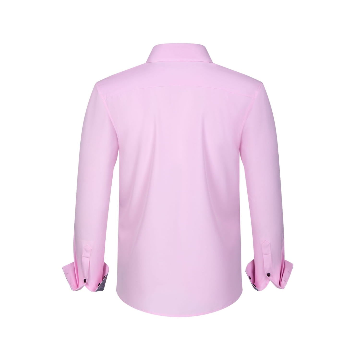 Ein elegantes hellrosa Herren-Kragenhemd mit Kontrastkragen mit stabilem Kragen und ordentlich aufgerollten Bündchen, die eine kontrastierende dunkle Innenverkleidung erkennen lassen.